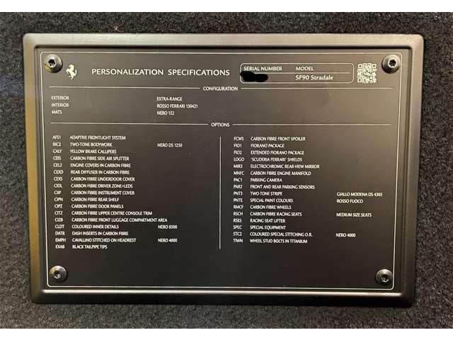 Ferrari SF90 Stradale personalization specification plate
